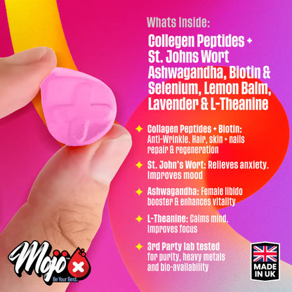 Mojo Glow Gummies Beauty Supplement Collegan Peptides St Johns Wort Selenium Biotin B7 Selenium L Theanine Lamon Balm Melissa Lavender Ashwagandha 4